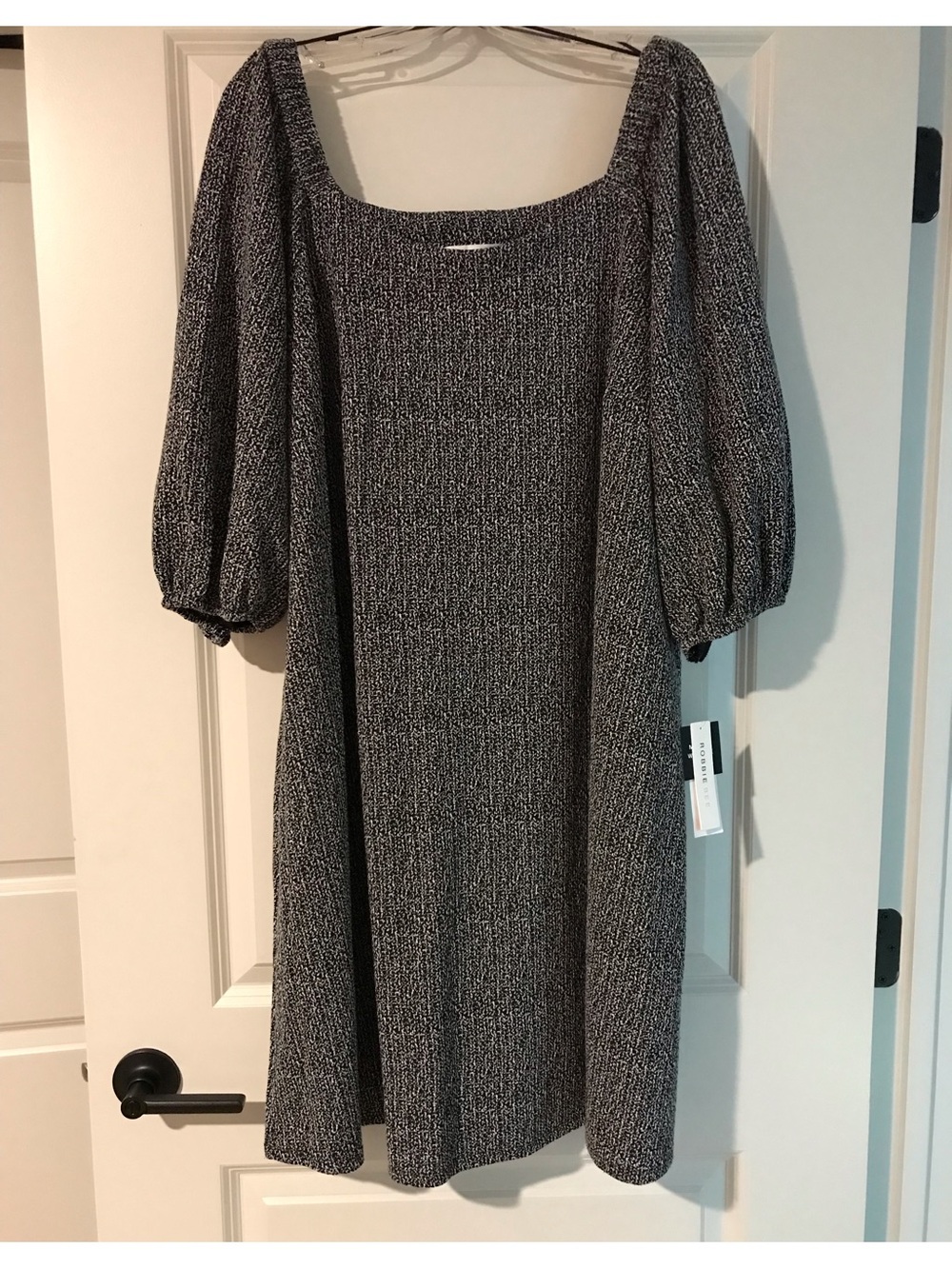 NWT-Square Neck Black & White Puff-Sleeve Midi Dress